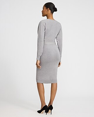 V-neck Long Sleeve Belted Wrap Midi Sweater Dress | Express
