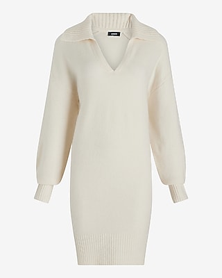 V Neck Express White Shirt Dress Sweater Polo Mini Dress