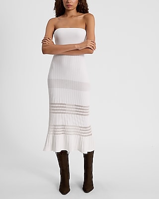 Strapless Sheer Stripe Midi Sweater Dress