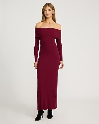 Cozy Ribbed Fold Over Off The Shoulder Maxi Sweater Dress | Express