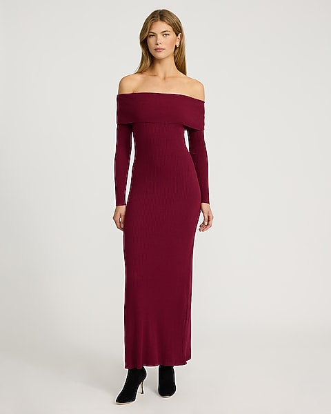 burgundy off shoulder sweater dress Long Sleeve Fold Over Bardot Chunky Jumper In Knit | EGO US hugging you in all the right places while keeping things cozy Winter Knitted Sweater for Women