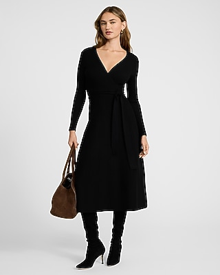 Ribbed V-neck Wrap Midi Sweater Dress | Express
