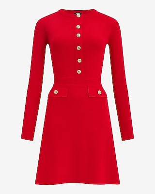 Crew Neck Gold Button Tailored Mini Sweater Dress