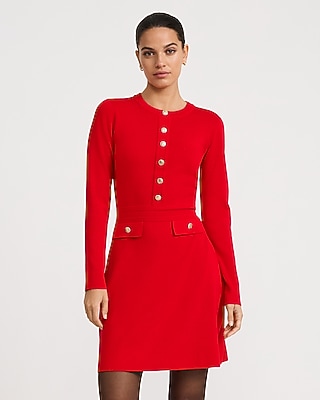 Crew Neck Gold Button Tailored Mini Sweater Dress