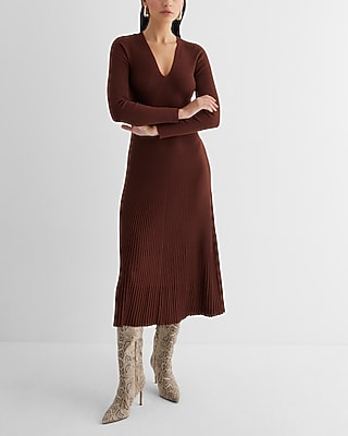 EX - LONG SLV V NK PLEATED SWEATER MAXI KV - 9418434:RICH MOCHA:L