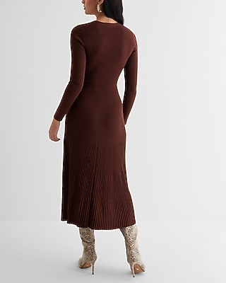 EX - LONG SLV V NK PLEATED SWEATER MAXI KV - 9418434:RICH MOCHA:L