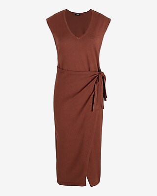 V-Neck Cap Sleeve Tie Waist Midi Sweater Dress