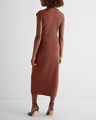 V-Neck Cap Sleeve Tie Waist Midi Sweater Dress