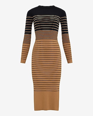 Striped Crew Neck Long Sleeve Midi Sweater Dress