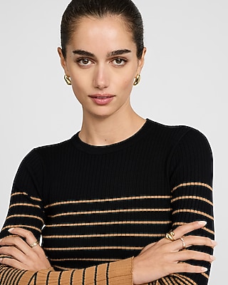 Striped Crew Neck Long Sleeve Midi Sweater Dress