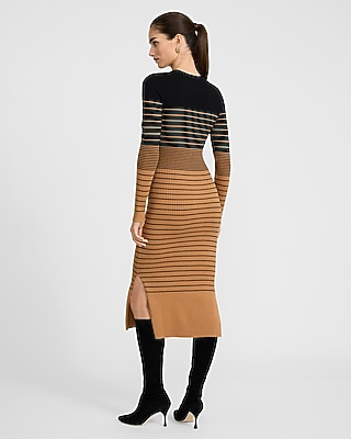 Striped Crew Neck Long Sleeve Midi Sweater Dress