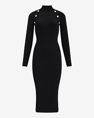 Ribbed Mock Neck Novelty Button Midi Sweater Dress
