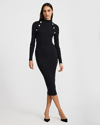 Ribbed Mock Neck Novelty Button Midi Sweater Dress