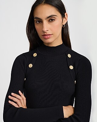 Ribbed Mock Neck Novelty Button Midi Sweater Dress