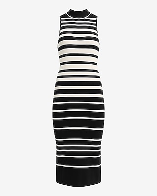 Striped Mock Neck Sleeveless Midi Sweater Dress