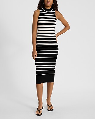 Striped Mock Neck Sleeveless Midi Sweater Dress