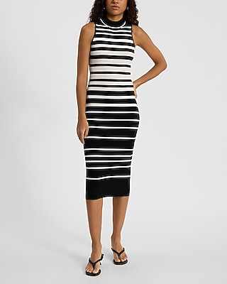 Striped Mock Neck Sleeveless Midi Sweater Dress