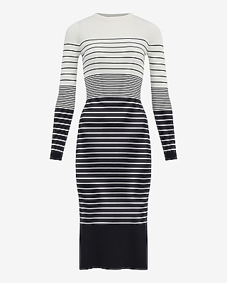 Ribbed Striped Crew Neck Long Sleeve Midi Sweater Dress | Express