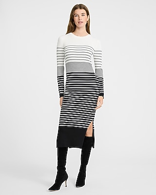 Ribbed Striped Crew Neck Long Sleeve Midi Sweater Dress