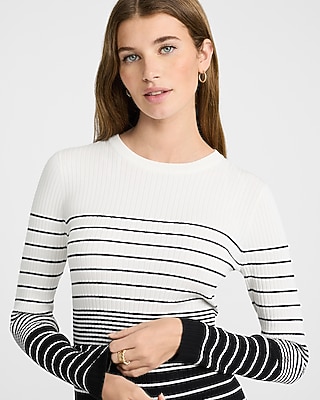 Ribbed Striped Crew Neck Long Sleeve Midi Sweater Dress