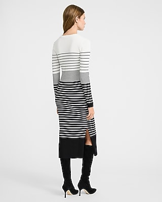 Ribbed Striped Crew Neck Long Sleeve Midi Sweater Dress