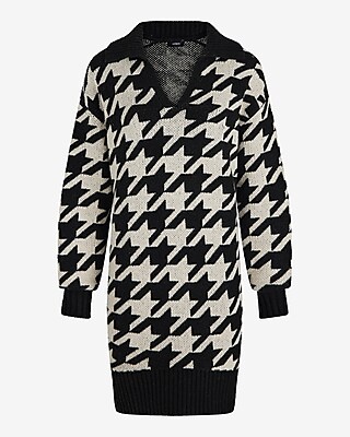 Houndstooth V-Neck Mini Sweater Polo Dress - image 5