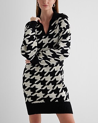Houndstooth V-Neck Mini Sweater Polo Dress - image 2