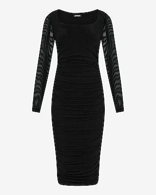 Mesh Square Neck Long Sleeve Ruched Midi Dress