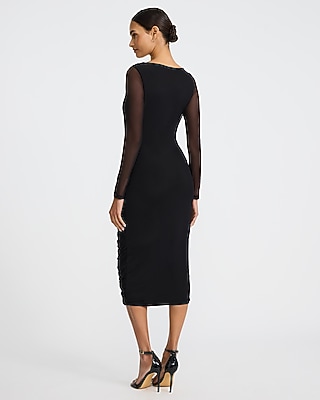 Mesh Square Neck Long Sleeve Ruched Midi Dress