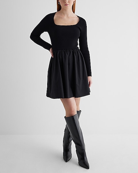 Ribbed Square Neck Poplin Mini Fit And Flare Dress | Express Ribbed Square Neck Poplin Mini Fit And Flare Dress | Express