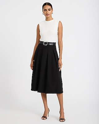 Color Block Crew Neck Belted Midi Dress
