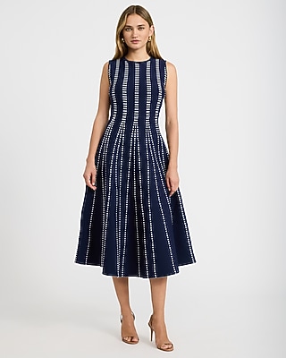 Crew Neck Contrast Stitch Midi Fit and Flare Dress