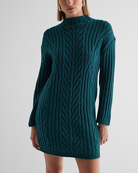 Cable Knit Mock Neck Long Sleeve Mini Sweater Dress