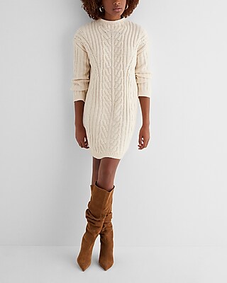 Cable Knit Mock Neck Long Sleeve Mini Sweater Dress