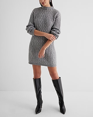 Cable Knit Mock Neck Long Sleeve Mini Sweater Dress