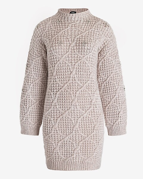 Rhinestone Embellished Mock Neck Mini Sweater Dress | Express