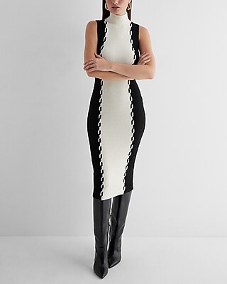 ★ codegraphy★ CGP Line Overfit Color Block V-Neck Knit Me Cable Knit Color Block Mock Neck Midi Sweater Dress | Express