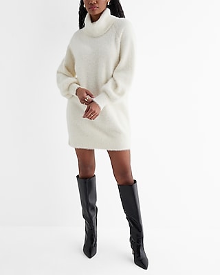 Faux Fur Turtleneck Mini Shift Sweater Dress | Express