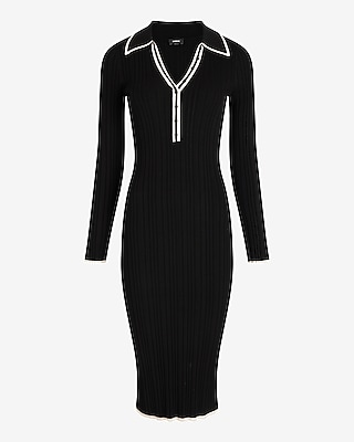 Ribbed Tipped V-Neck Midi Sweater Polo Dress