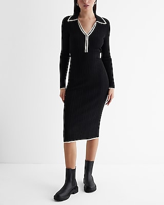 Ribbed Tipped V-neck Midi Sweater Polo Dress | Express