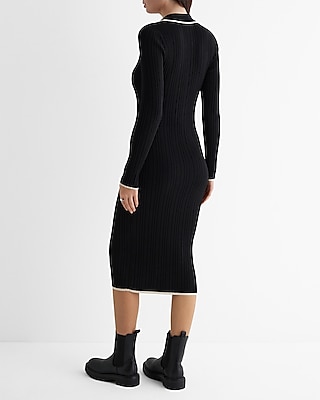 Ribbed Tipped V-Neck Midi Sweater Polo Dress