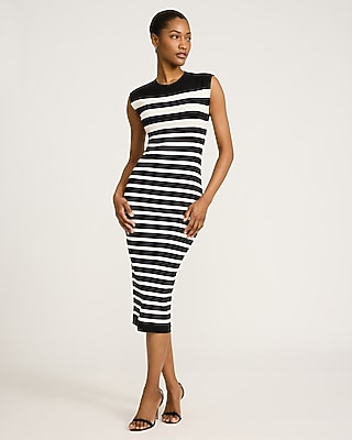 Crew Neck Striped Cap Sleeve Midi Sweater Dress