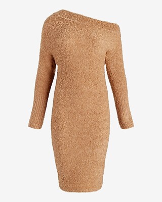 Boucle Off The Shoulder Long Sleeve Midi Sweater Dress