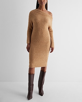Boucle Off The Shoulder Long Sleeve Midi Sweater Dress