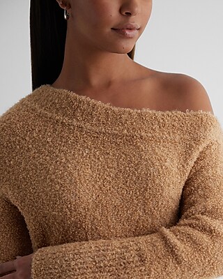 Boucle Off The Shoulder Long Sleeve Midi Sweater Dress