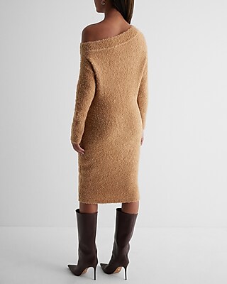 Boucle Off The Shoulder Long Sleeve Midi Sweater Dress