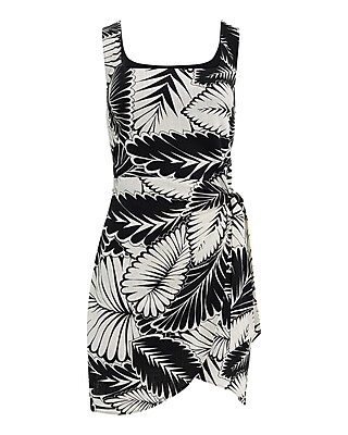 Printed Linen-Blend Scoop Neck Tie Wrap Mini Sheath Dress - image 4