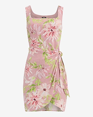 Floral Linen-Blend Scoop Neck Tie Wrap Mini Sheath Dress