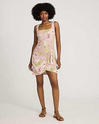 Floral Linen-Blend Scoop Neck Tie Wrap Mini Sheath Dress