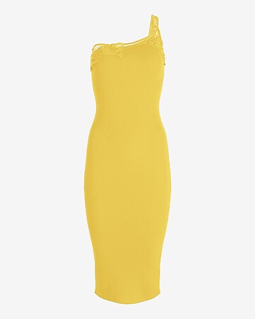 Bright Neon Yellow Lace One-Shoulder Bodycon Midi Dress - Women
